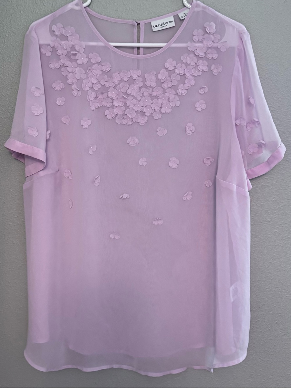 Liz Claiborne Light Pink Sheer Blouse with Floral Appliqué